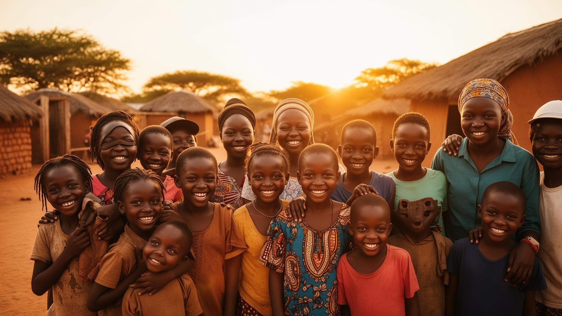 Joyful community members in a Nigerian village at sunset